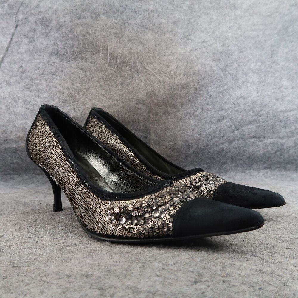 Donald Pliner Shoes Womens 9.5 Pumps Point Toe Heel Fashion Black Leather Sequin